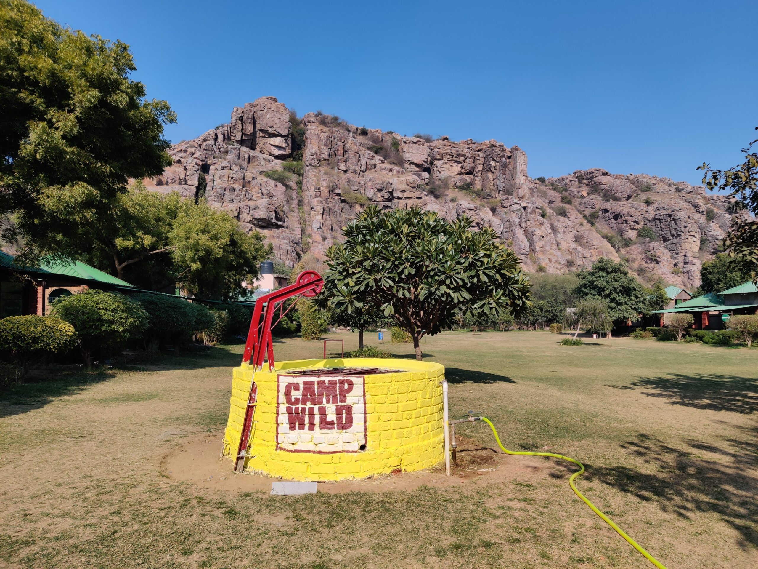 Agoda team enjoying a corporate day outing at Camp Wild Retreat in the scenic Aravali Valley, featuring adventure activities and team-building exercises.