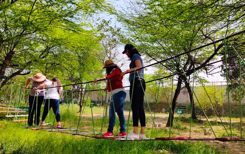 Participants engaging in team-building activities on the Low Rope Course at Camp Wild Retreat, Aravali Valley, designed to enhance teamwork, balance, and communication